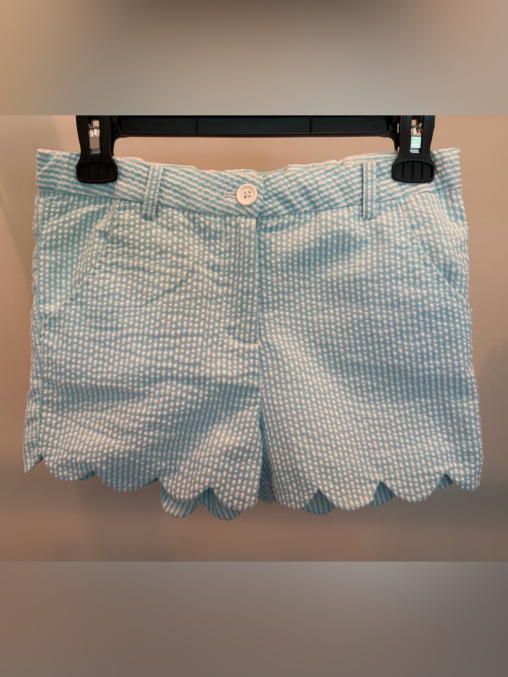 E. Land Girls Blue & White Seersucker Scallop Hem Shorts